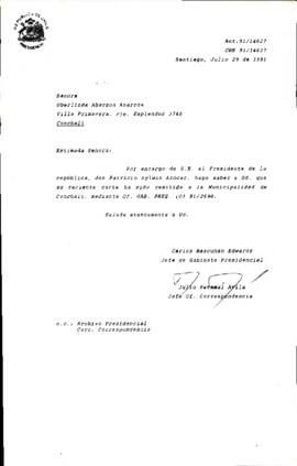 [Carta de respuesta del Jefe de Gabinete Presidencial referente a solicitud remitida a la Municipalidad de Conchall]