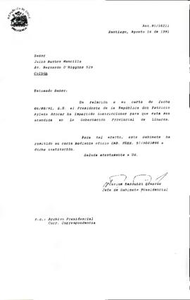 [Carta de respuesta enviada al Sr. Julio Bustos remitiendo caso a Gobernación de Linares]