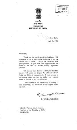 [Carta del Presidente de la India en respuesta a invitación para realizar visita oficial a Chile]