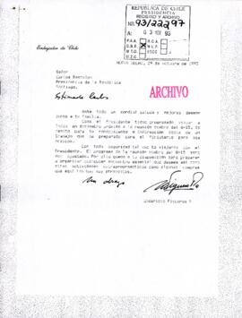[Carta del Embajador de Chile en la India dirigida al Jefe de Gabinete Presidencial, mediante la cual hace envío del trabajo "Las relaciones chileno-indias" en el marco del viaje del Presidente Patricio Aylwin a la reunión de la cumbre del G-15]