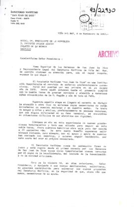 [Carta del Sanatorio Marítimo San Juan de Dios de Viña del Mar dirigida al Presidente Patricio Aylwin, mediante la cual solicitan apoyo financiero]