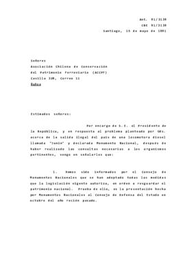 [Carta de respuesta a la Asociación  Chilena de Conservación del Patrimonio Ferroviario (ACCPF) por la salida ilegal del pais de una locomotora diesel llamada "Junin"  declarada Monumento Nacional]