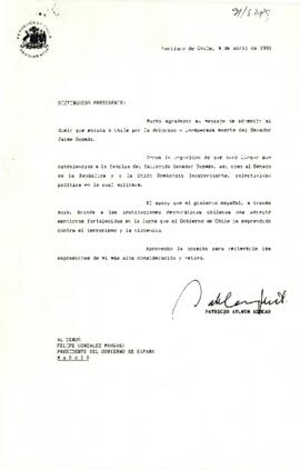 [Carta de respuesta a Felipe González Presidente del Gobierno de España por mensaje de condolencias]