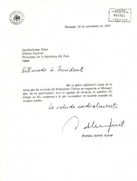 [Carta del Presidente Aylwin al Presidente de la República del Perú, adjuntando carta de Presiden...