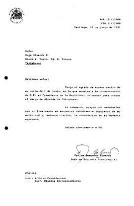 [Carta de respuesta del Jefe de Gabinete Presidencial sobre correspondencia referente al cargo de Alcalde de Talcahuano]