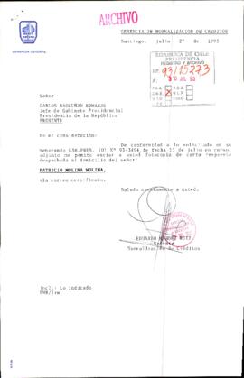 [Carta del Banco del Estado de Chile por situación de Patricio Molina]