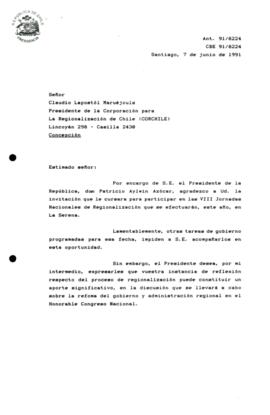 [Carta excusando al Presidente de la República de no poder asistir a las VIII Jornadas Nacionales de Regionalización en la Serena]