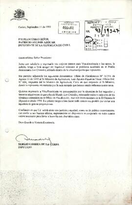 [Carta de Diputado Sergio Correa dirigido a Presidente Aylwin referente a problema suscitado en Predio Los Cristales]