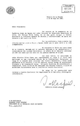 [Carta de Presidente Patricio Aylwin al Líder de Egipto, Hosni Mubarak]
