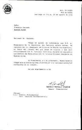 [Carta de respuesta enviada al Sr. Franklin Caicedo acusando recibo de libreto leído ante colonia chilena residente en Buenos Aires]