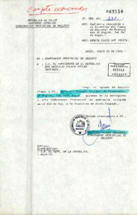 [Carta del Gobernador Provincial de Malleco sobre la petición del Comando Nacional de Exonerados de la IX Región]