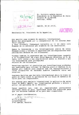 [Carta de miembro de Amnistía Internacional sobre la desaparición de José Llaulén y Juan Cheuquepan]