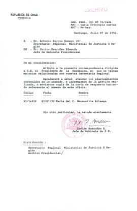 [Carta del Jefe de Gabinete de la Presidencia a SEREMI de Justicia X Región]