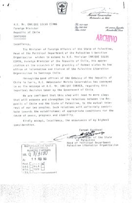 [Carta de Primer Ministro de Organización de liberación por Palestina a dos ministros chilenos]