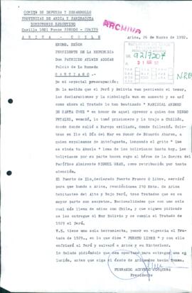 [Carta del Presidente del Comité de Defensa y Desarrollo de las Provincias de Arica y Parinacota dirigida al Presidente Patricio Aylwin]