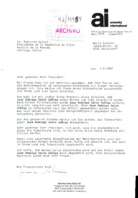 Carta de miembro de Amnistía Internacional dirigida al Presidente Patricio Aylwin, referente a caso de pena de muerte a Juan Salvo Zuñiga