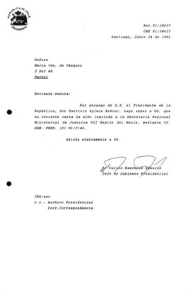 [Carta de respuesta por remisión de correspondencia enviada al Presidente, redirigiéndola  a la Secretaría Regional Ministerial de Justicia VII Región del Maulé ]