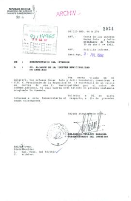[Oficio del Subsecretario del Interior dirigido al Alcalde de la Municipalidad de Santiago]