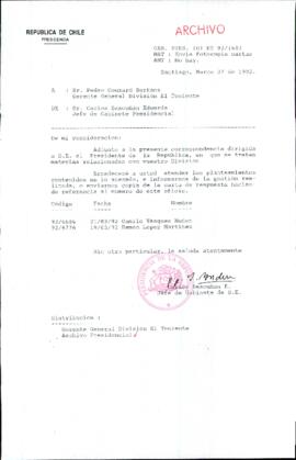 [Carta del Jefe de Gabinete de la Presidencia a Gerente General División El Teniente]