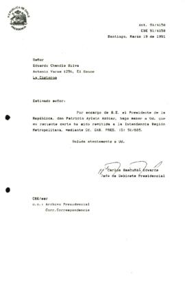 [Informa que carta fue remitida a la Intendencia RM, mediante Of. GAB. PRES. (0) 91/805]