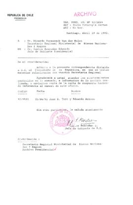 [Carta del Jefe de Gabinete de la Presidencia a SEREMI de Bienes Nacionales I Región]