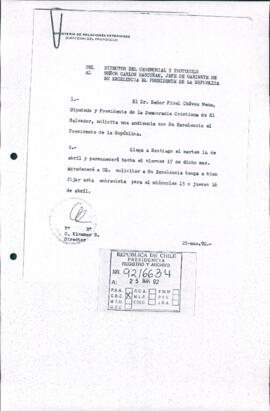 [Carta del Director de Ceremonial y Protocolo dirigida al Jefe de Gabinete Presidencial, referente a solicitud del Presidente de la Democracia Cristiana de El Salvador]