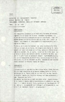 Minuta : entrevista Sr. vicepresidente ejecutivo Empresa Nacional de Minería : trabajadores exonerados Fundición y Refinería Ventanas : abril 17 de 1990
