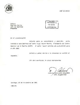 [Remite a Jefe de Gabinete solicitud de subvención para el año 1992 del señor Hugo Yaconi Merino, Presidente del Centro Nacional de la Familia CENFA]