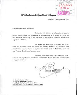 [Carta del Presidente de Paraguay Andrés Rodríguez en relación a la declaración Conjunta Presidencial Argentino - Chilena]