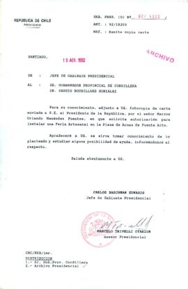 [Carta del Jefe de Gabinete de la Presidencia a Gobernador Provincial de Cordillera]