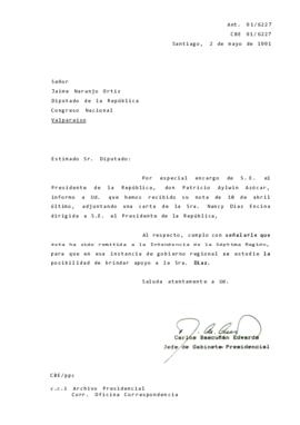Carta de la Sra. Nancy Diaz Encina, remitida al Intendencia de la Séptima Región.