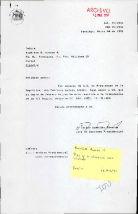 Carta remitida a la Intendencia de la VII Región, mediante Of. GAB. PRES. (0) 91/483.