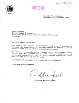 [Carta de Presidente Patricio Aylwin a Secretario de Pastoral del Arzobispado de Santiago]