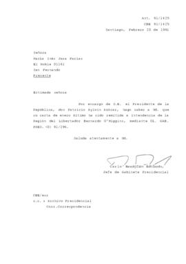 [Carta de respuesta del Jefe de Gabinete Presidencial sobre correspondencia remitida a la Intendencia de la Región del Libertador Bernardo O'Higgins]