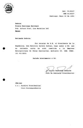 [Carta de respuesta por remisión de correspondencia enviada al Presidente, redirigiéndola   a la Empresa Metropolitana de Obras Sanitarias]