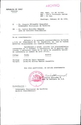 [Carta de Jefe de Gabinete de la Presidencia a Gobernador Provincial de Valdivia]