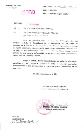 [Oficio  Gab. Pres. Ord. N° 0816 de Jefe de Gabinete Presidencial, remite copia de carta que se indica]