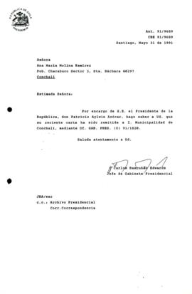[Informa que carta fue remitida Municipalidad de Conchalí, mediante 0f. GAB. PRES. (0) 91/1820]