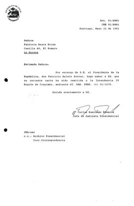Carta remitida a la Intendencia IV Región de Coquimbo, mediante Of. G A B . P R E S . (O) 91/1675.
