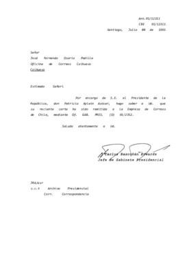 Carta remitida a la Empresa de Correos de Chile, mediante Of. GAB. PRES. (O) 91/2352.