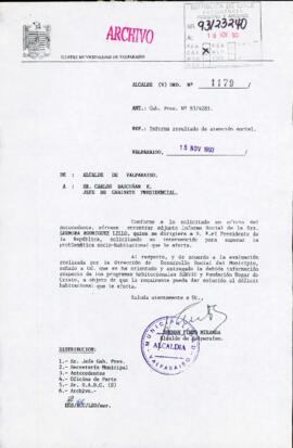 [Oficio del Alcalde de Valparaíso dirigido al Gabinete Presidencial, mediante el cual informa gestión del Departamento de Desarrollo Social del municipio respecto a solicitud ciudadana]