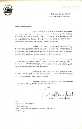 [Carta del Presidente Aylwin al Presidente de la República Popular China, agradeciendo felicitaciones por asunción al mandato].