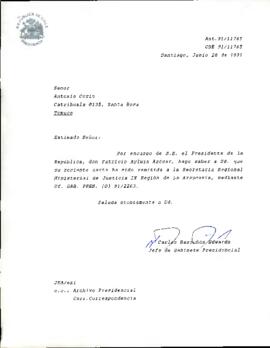 [Carta de respuesta del Jefe de Gabinete Presidencial dirigida particular sobre misiva remitida a la Secretaría Regional Ministerial de Justicia IX Región de La Araucanía]