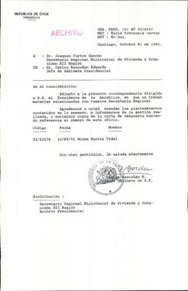 [Carta del Jefe de Gabinete de la Presidencia a SEREMI de Vivienda XII Región]