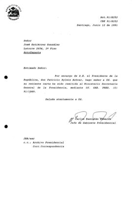 [Carta de respuesta por remisión de correspondencia enviada al Presidente, redirigiéndola al Ministerio Secretaría General de la Presidencia]