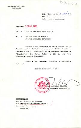 [Remite carta a Ministro de Minería de Confederación Minera de Chile y Comisión Nacional de Pirquineros]