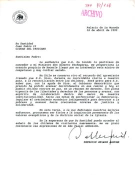 [Carta del Presidente Patricio Aylwin al Papa Juan Pablo II]