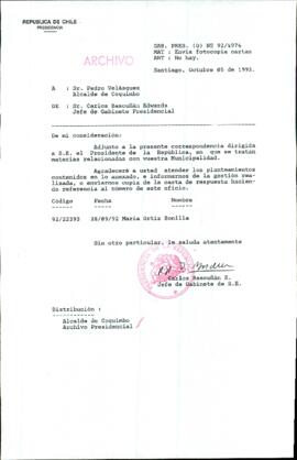 [Carta del Jefe de Gabinete de la Presidencia a Alcalde de Coquimbo]