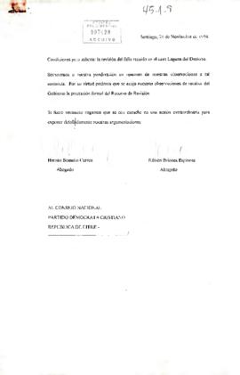 [Carta al Partido Demócrata Cristiano de Chile sobre revisión del fallo del caso Laguna del Desierto]