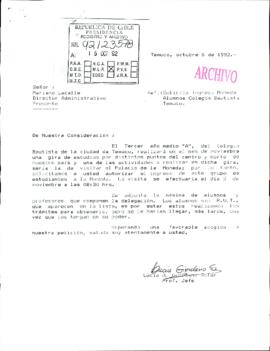 [Carta de Colegio Bautista de Temuco para solicitud de visita al Palacio de La Moneda]
